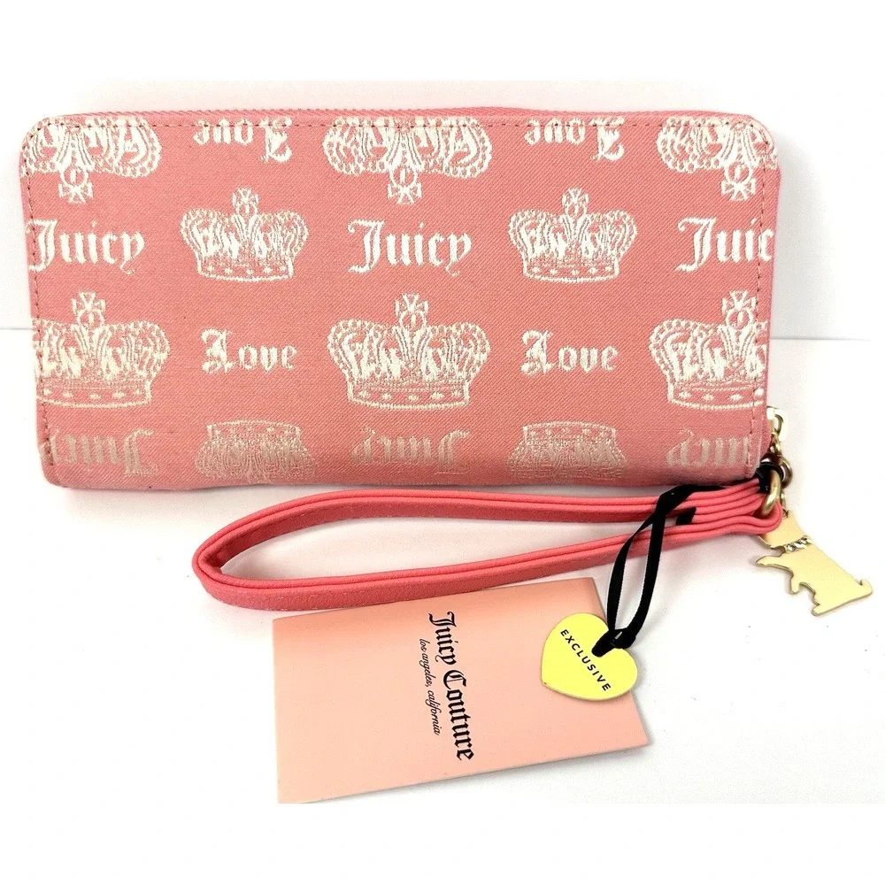 Juicy Couture Fan Club Crown Zip Around Wallet Wristlet Pink Scotty Dog NWT